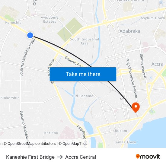 Kaneshie First Bridge to Accra Central map