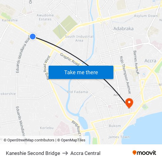 Kaneshie Second Bridge to Accra Central map