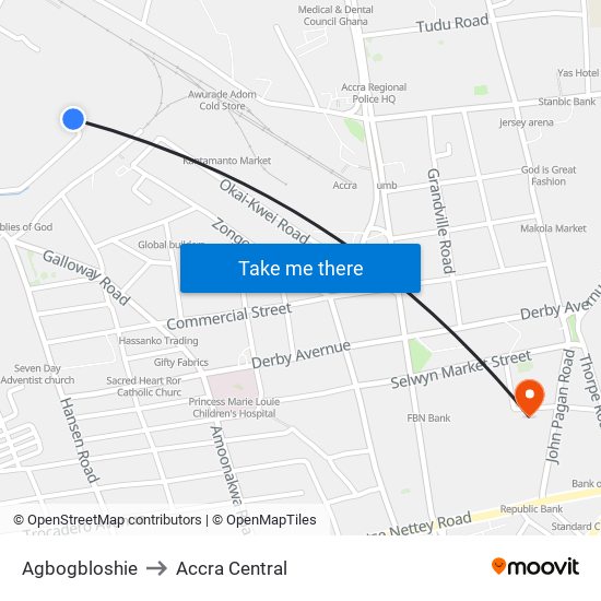 Agbogbloshie to Accra Central map