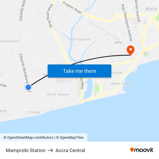Mamprobi Station to Accra Central map