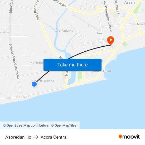 Asoredan Ho to Accra Central map