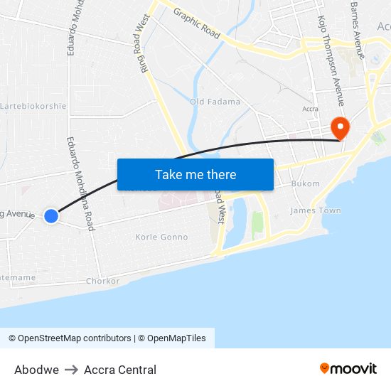 Abodwe to Accra Central map