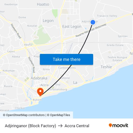 Adjiringanor (Block Factory) to Accra Central map