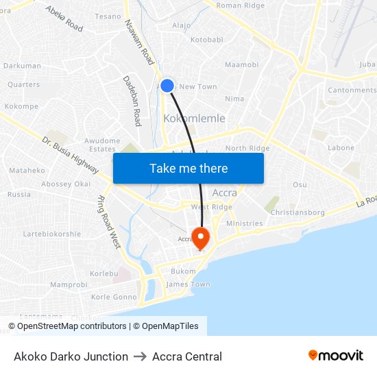 Akoko Darko Junction to Accra Central map