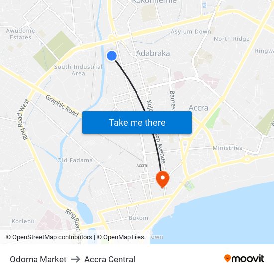 Odorna Market to Accra Central map