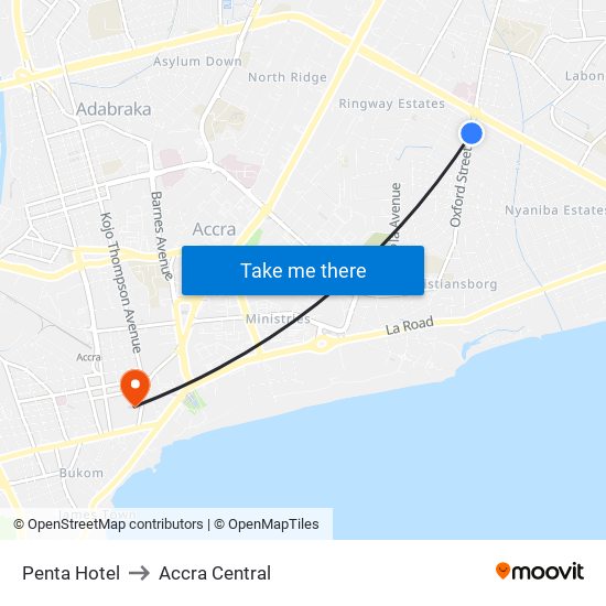 Penta Hotel to Accra Central map