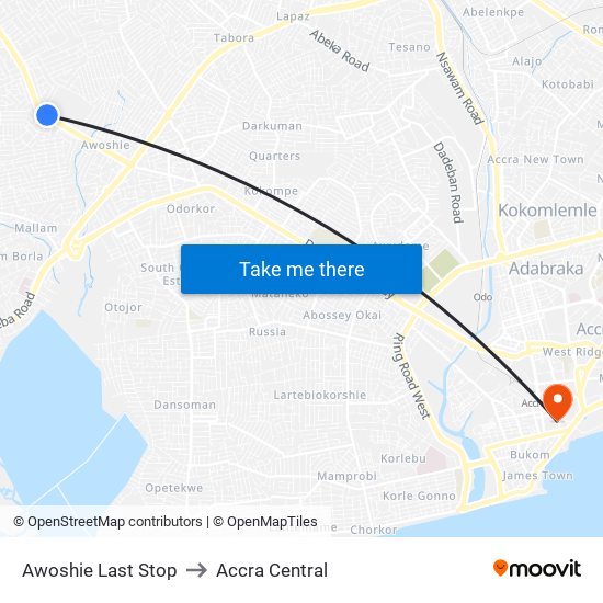 Awoshie Last Stop to Accra Central map