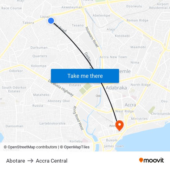 Abotare to Accra Central map