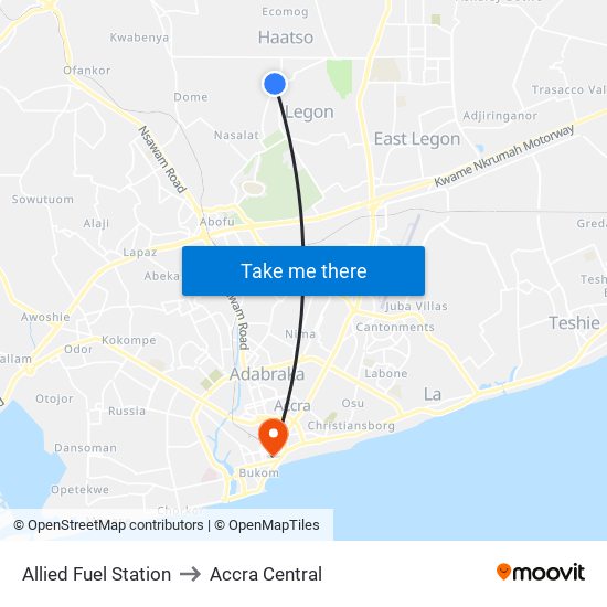 Allied Fuel Station to Accra Central map