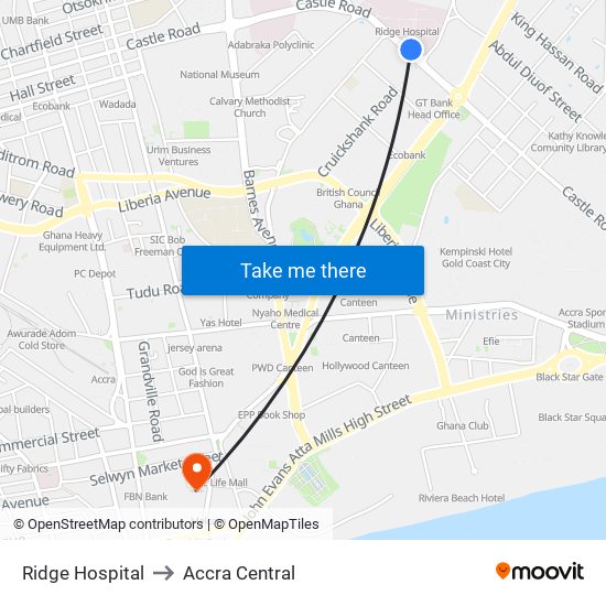 Ridge Hospital to Accra Central map