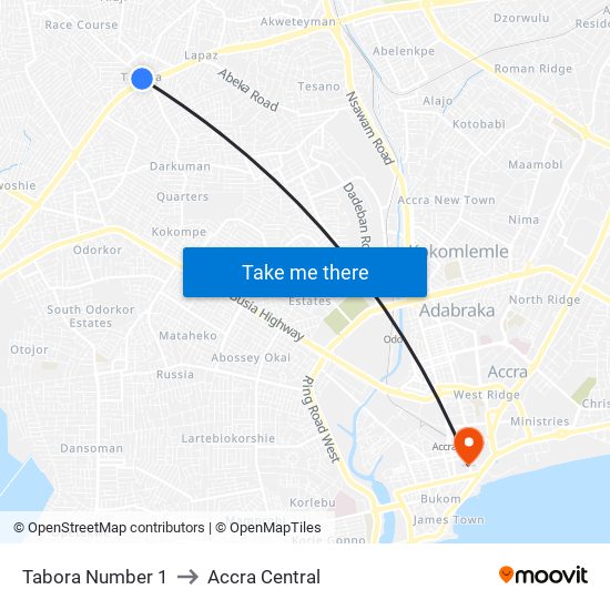 Tabora Number 1 to Accra Central map
