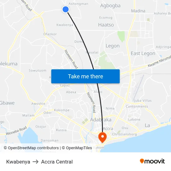 Kwabenya to Accra Central map