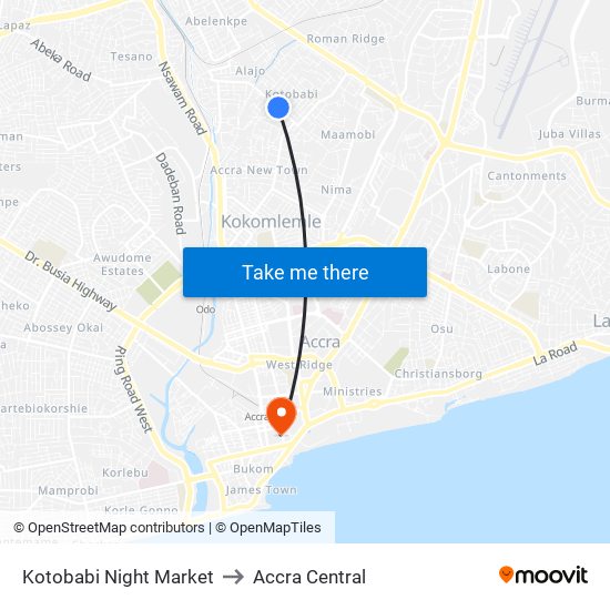 Kotobabi Night Market to Accra Central map