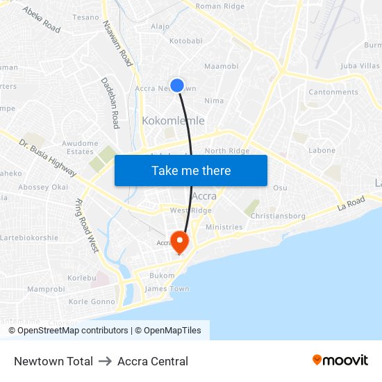 Newtown Total to Accra Central map