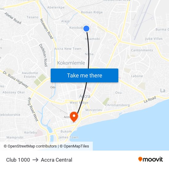 Club 1000 to Accra Central map