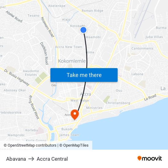 Abavana to Accra Central map