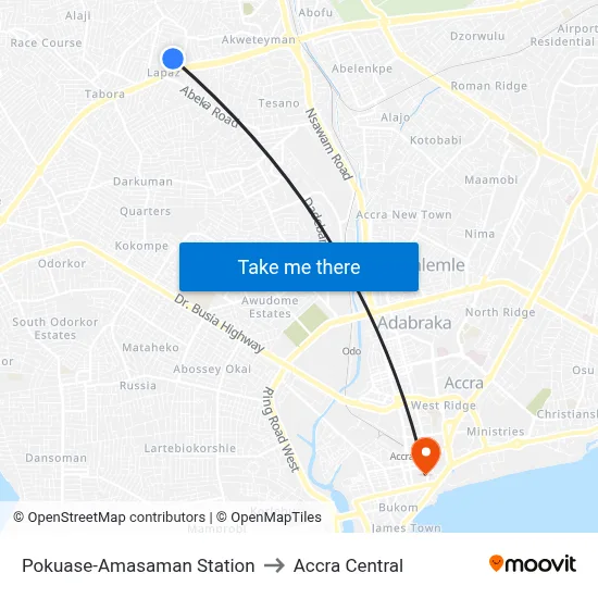 Pokuase-Amasaman Station to Accra Central map