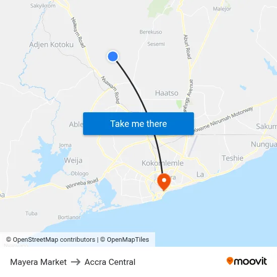 Mayera Market to Accra Central map