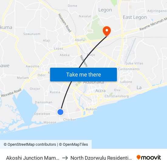 Akoshi Junction Mamprobi to North Dzorwulu Residential Area map