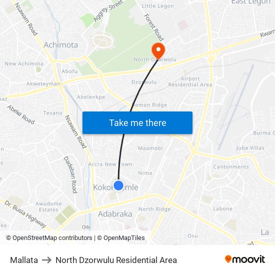 Mallata to North Dzorwulu Residential Area map