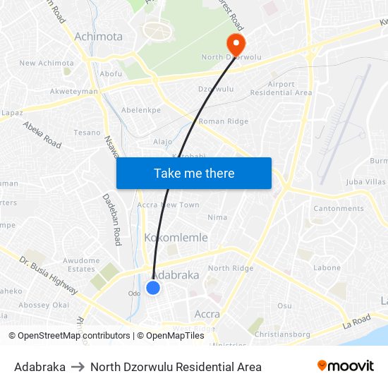 Adabraka to North Dzorwulu Residential Area map