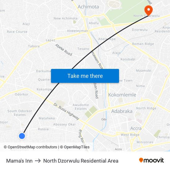 Mama's Inn to North Dzorwulu Residential Area map