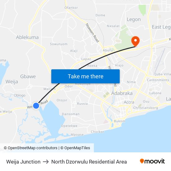 Weija Junction to North Dzorwulu Residential Area map