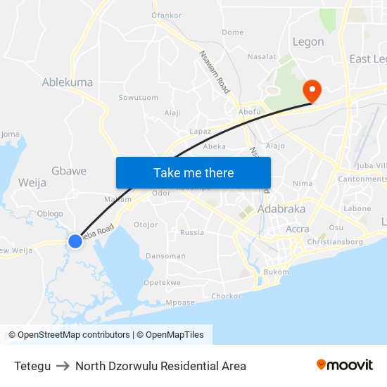 Tetegu to North Dzorwulu Residential Area map
