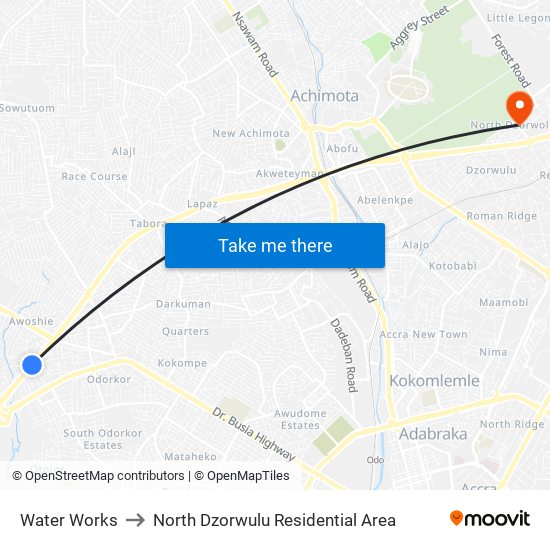 Water Works to North Dzorwulu Residential Area map