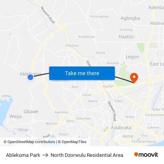 Ablekuma Park to North Dzorwulu Residential Area map