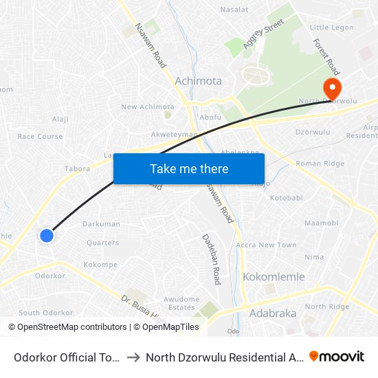 Odorkor Official Town to North Dzorwulu Residential Area map