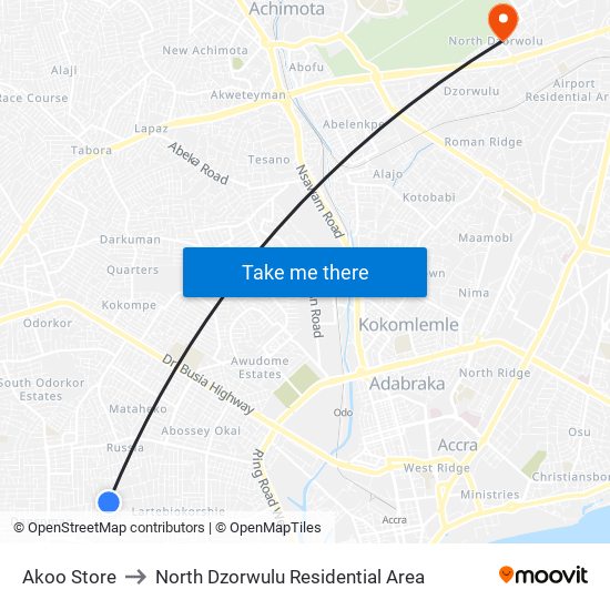 Akoo Store to North Dzorwulu Residential Area map