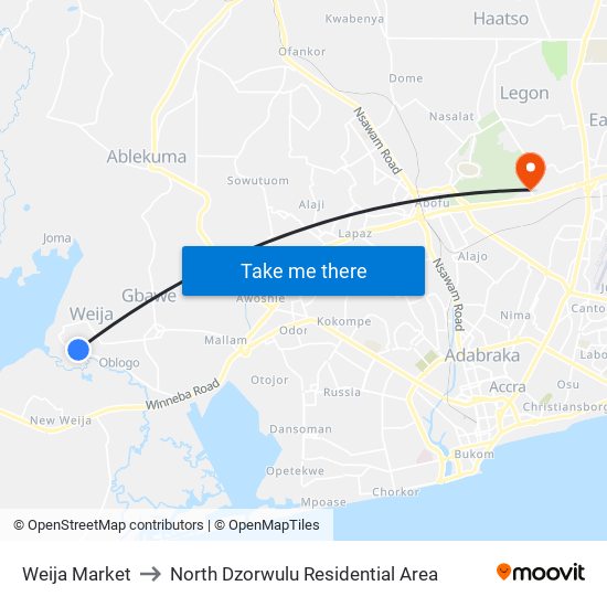 Weija Market to North Dzorwulu Residential Area map