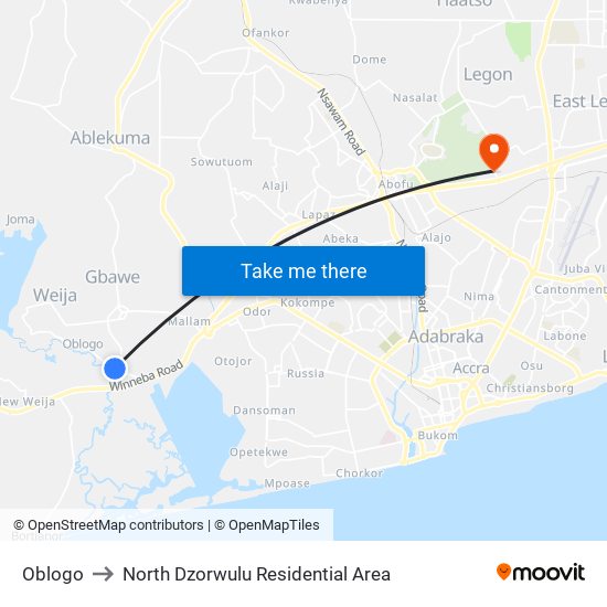 Oblogo to North Dzorwulu Residential Area map