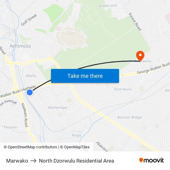 Marwako to North Dzorwulu Residential Area map