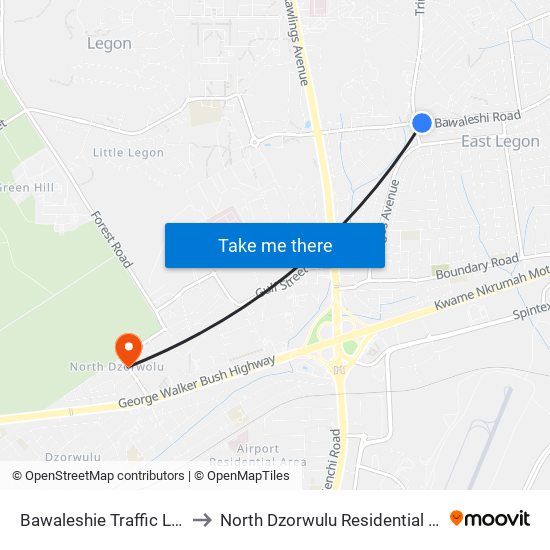 Bawaleshie Traffic Light to North Dzorwulu Residential Area map
