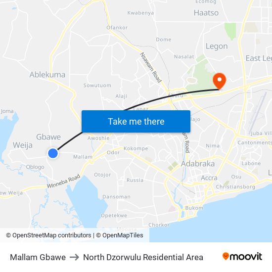 Mallam Gbawe to North Dzorwulu Residential Area map