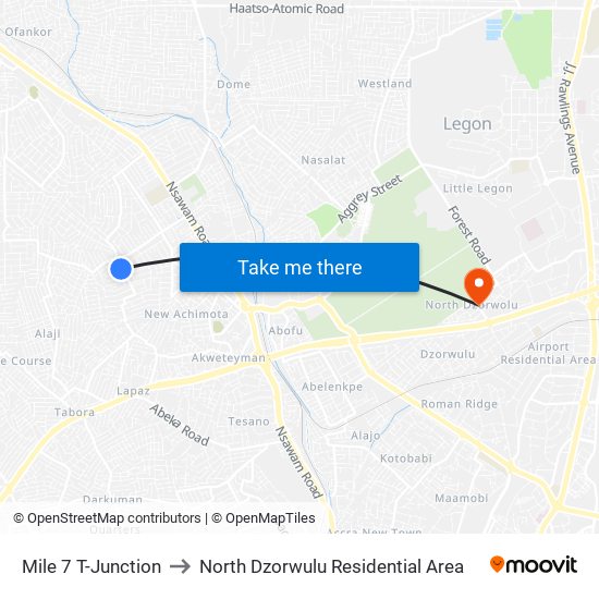 Mile 7 T-Junction to North Dzorwulu Residential Area map