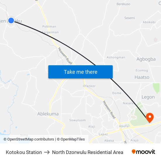 Kotokou Station to North Dzorwulu Residential Area map