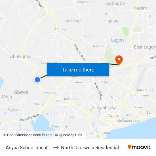 Anyaa School Junction to North Dzorwulu Residential Area map