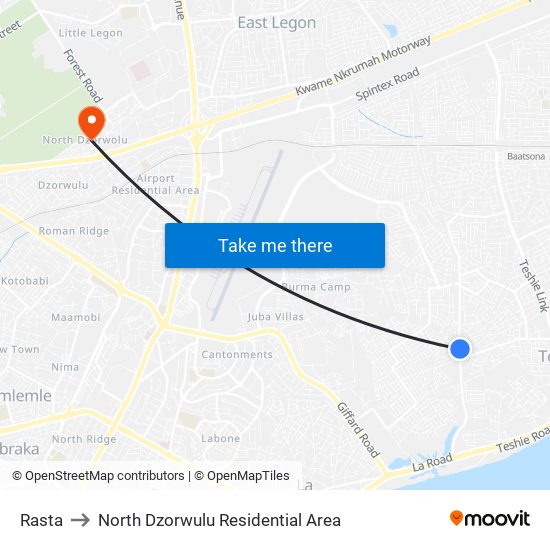 Rasta to North Dzorwulu Residential Area map