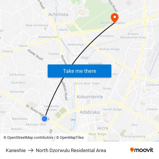 Kaneshie to North Dzorwulu Residential Area map
