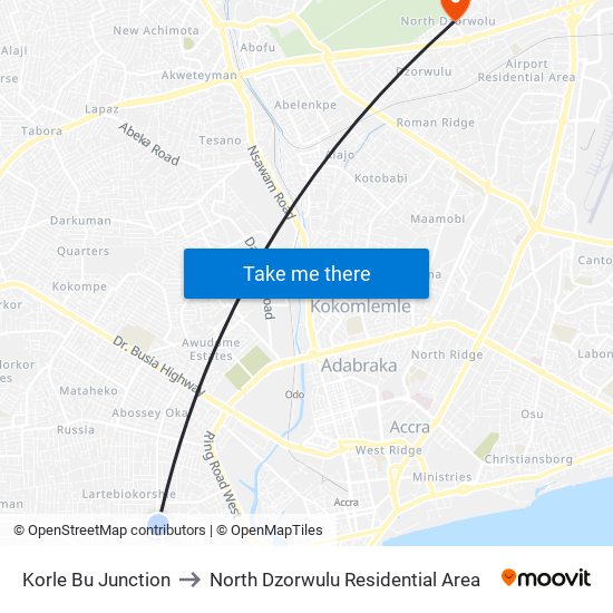 Korle Bu Junction to North Dzorwulu Residential Area map