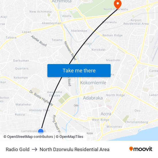 Radio Gold to North Dzorwulu Residential Area map