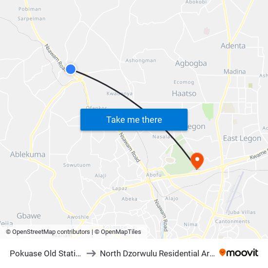 Pokuase Old Station to North Dzorwulu Residential Area map