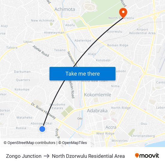 Zongo Junction to North Dzorwulu Residential Area map