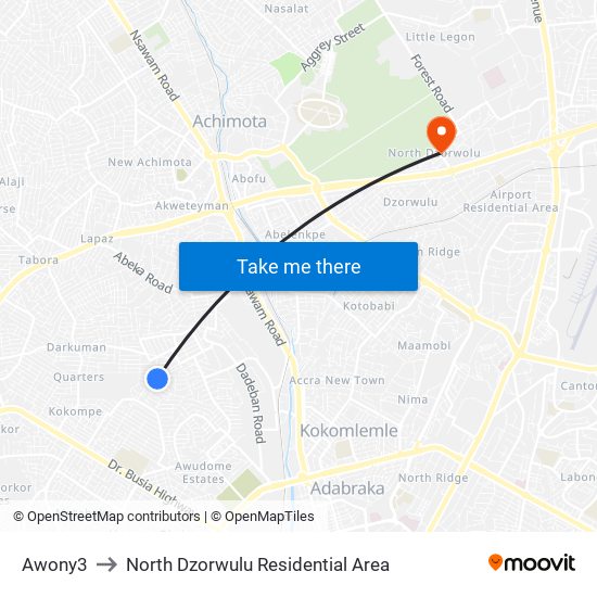 Awony3 to North Dzorwulu Residential Area map