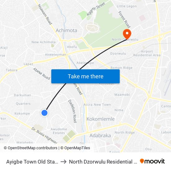 Ayigbe Town Old Station to North Dzorwulu Residential Area map