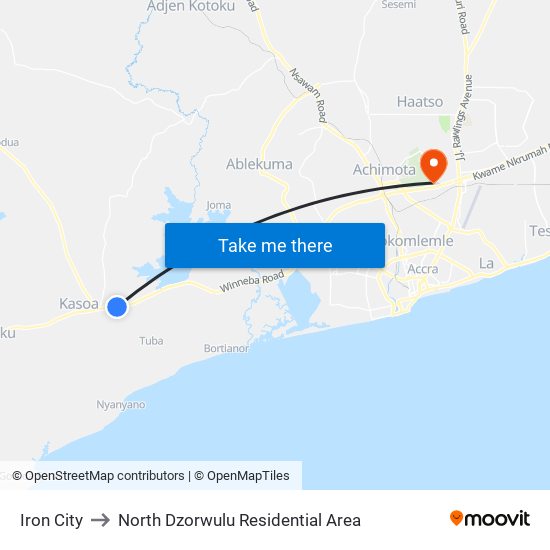 Iron City to North Dzorwulu Residential Area map