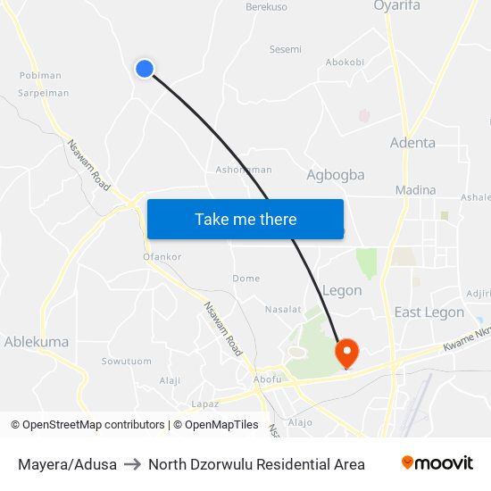 Mayera/Adusa to North Dzorwulu Residential Area map